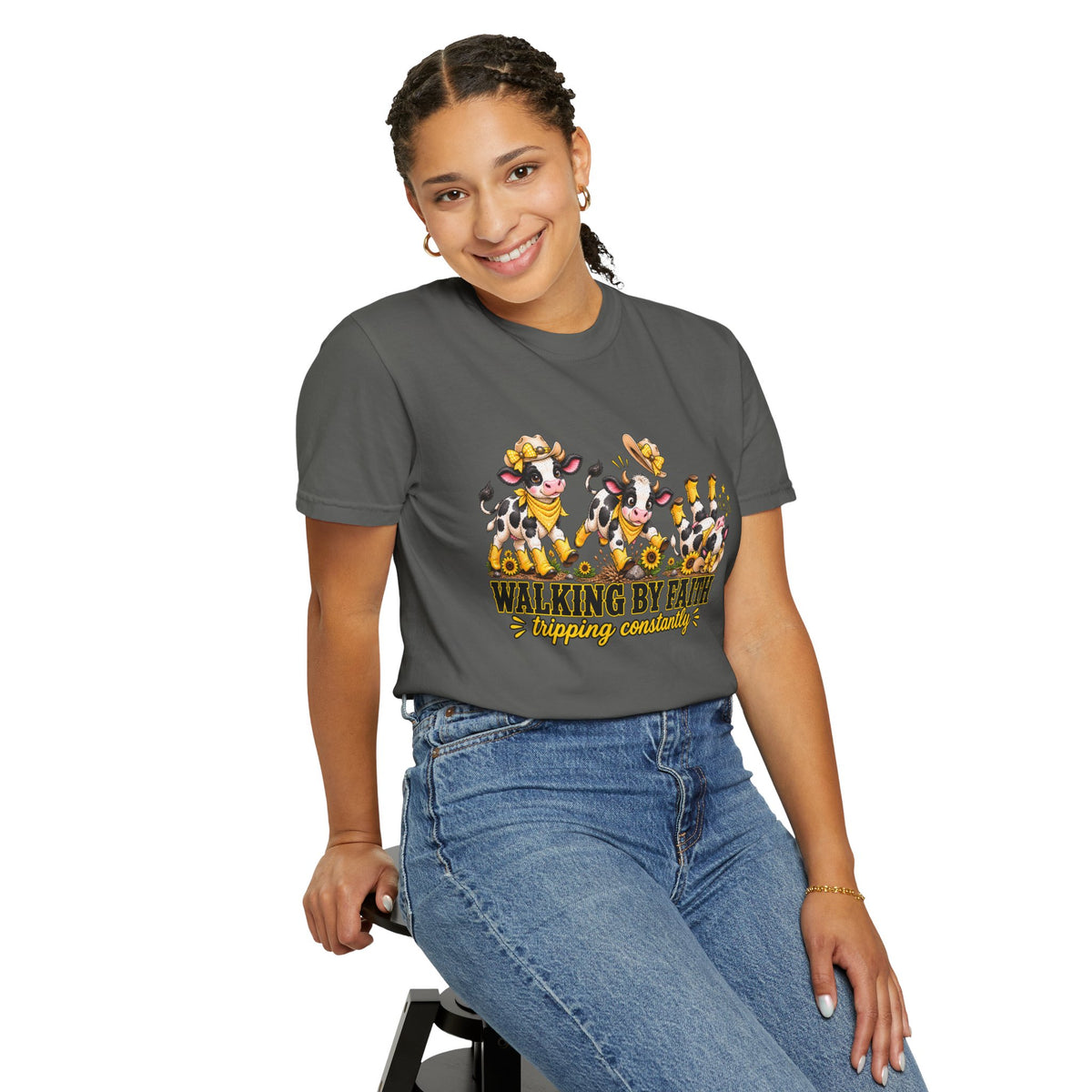 Comfort Colors® Walking By Faith Tripping Constantly Yellow Flowers Cow Shirt