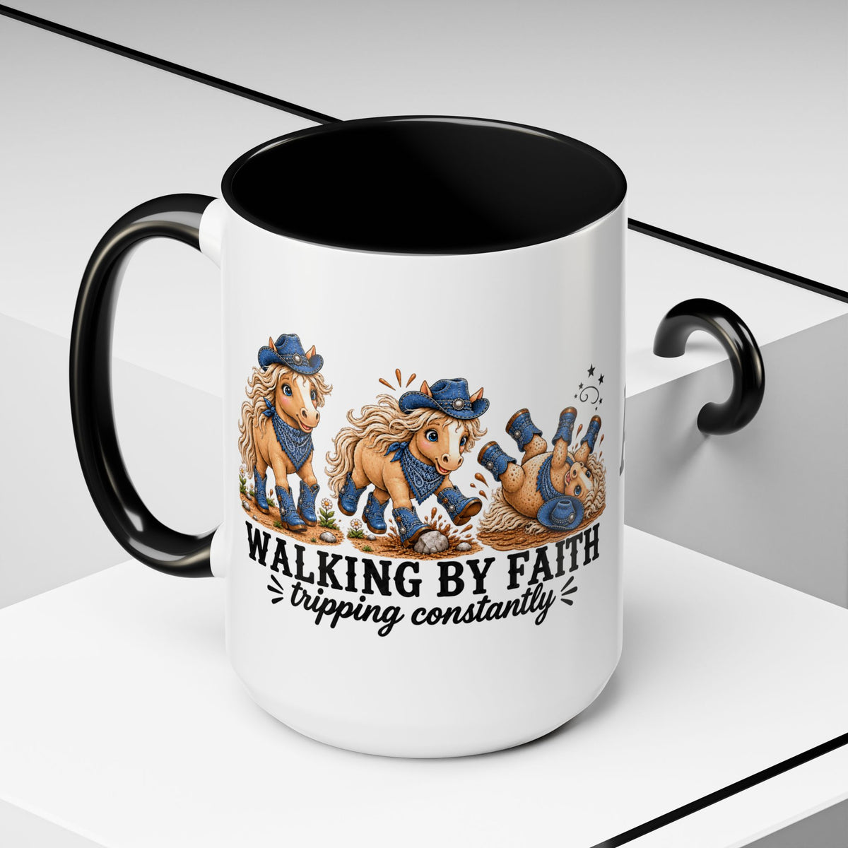 Personalized Walking By Faith Tripping Constantly Mug, Custom Name Horse Coffee Mug, Western Cowgirl Cup, Funny Faith Gift for Horse Lovers