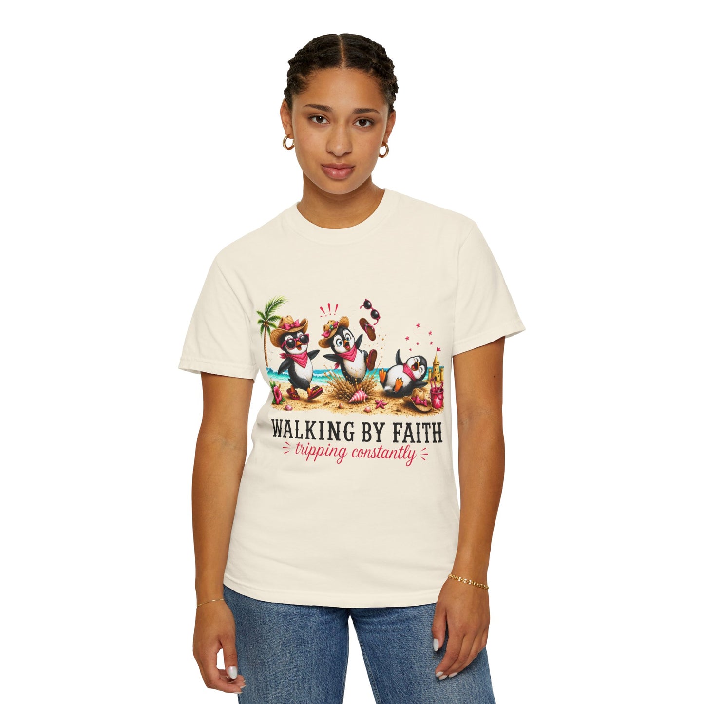 Comfort Colors® Walking By Faith Tripping Constantly Shirt, Beach Penguin Shirt, Summer Vacation Tee, Funny Penguin Tee, Faith Based Shirt
