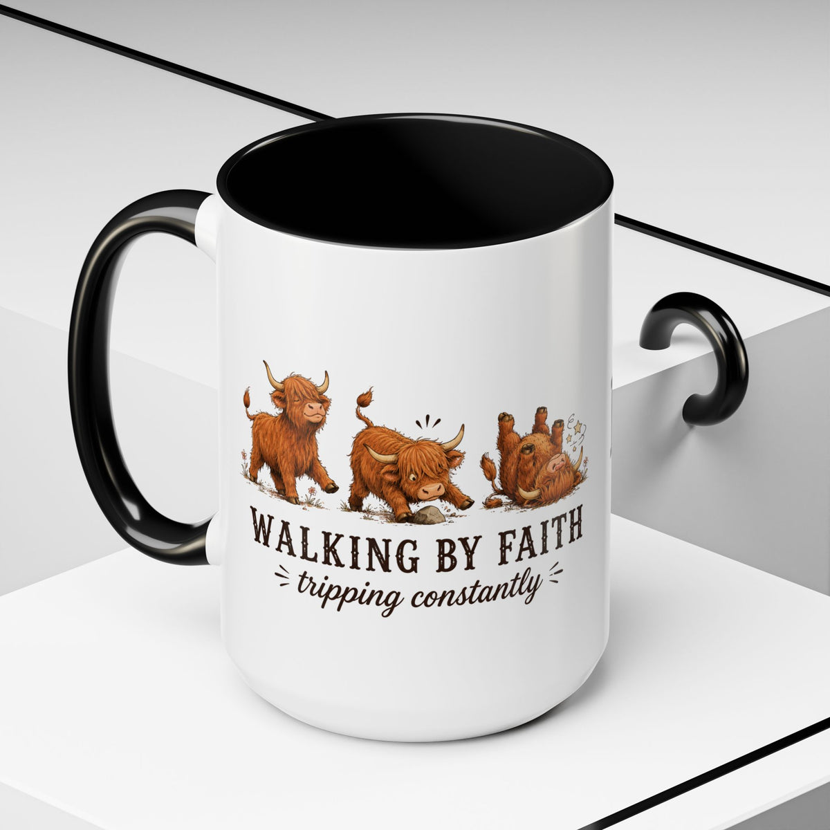 Personalized Walking By Faith Tripping Constantly Mug, Custom Name Highland Cow Mug, Funny Faith Coffee Cup, Cute Cow Gift for Her