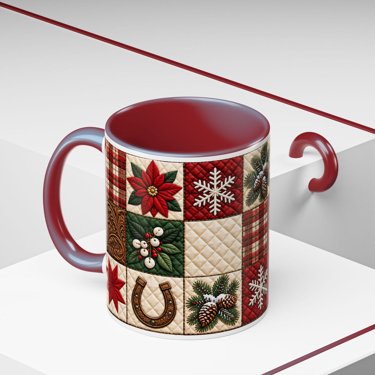 Western Christmas Patchwork Poinsette Quilt Style Mug, Cozy Country Horseshoe Snowflake Ceramic Coffee Mug, Rustic Holiday Farmhouse Gift