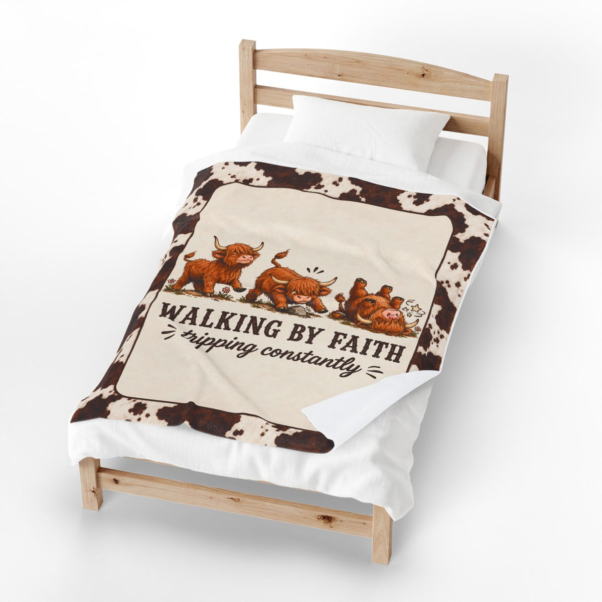 Walking by Faith Tripping Constantly Highland Cow Blanket, Velveteen Western Print, Winter Cozy Get Well Gift