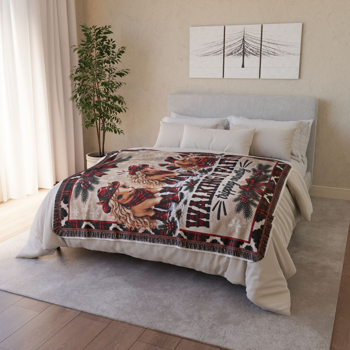 Walking By Faith Tripping Constantly Christmas Sherpa Blanket, Plaid Cowgirl Horse Throw, Western Holiday Cow Print Fleece Blanket