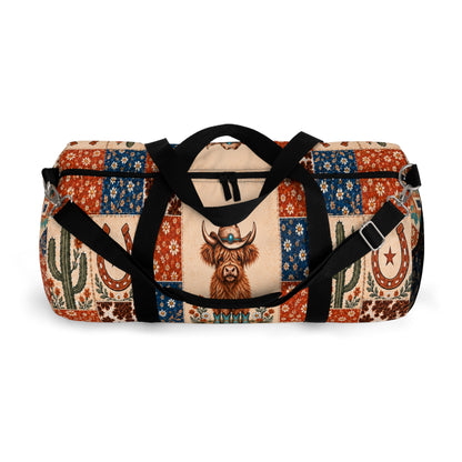 Walking By Faith Tripping Constantly Cow *Limited Edition* Duffel Bag, Western Highland Cow Patchwork Canvas Travel Bag, Rodeo Cowboy Gift