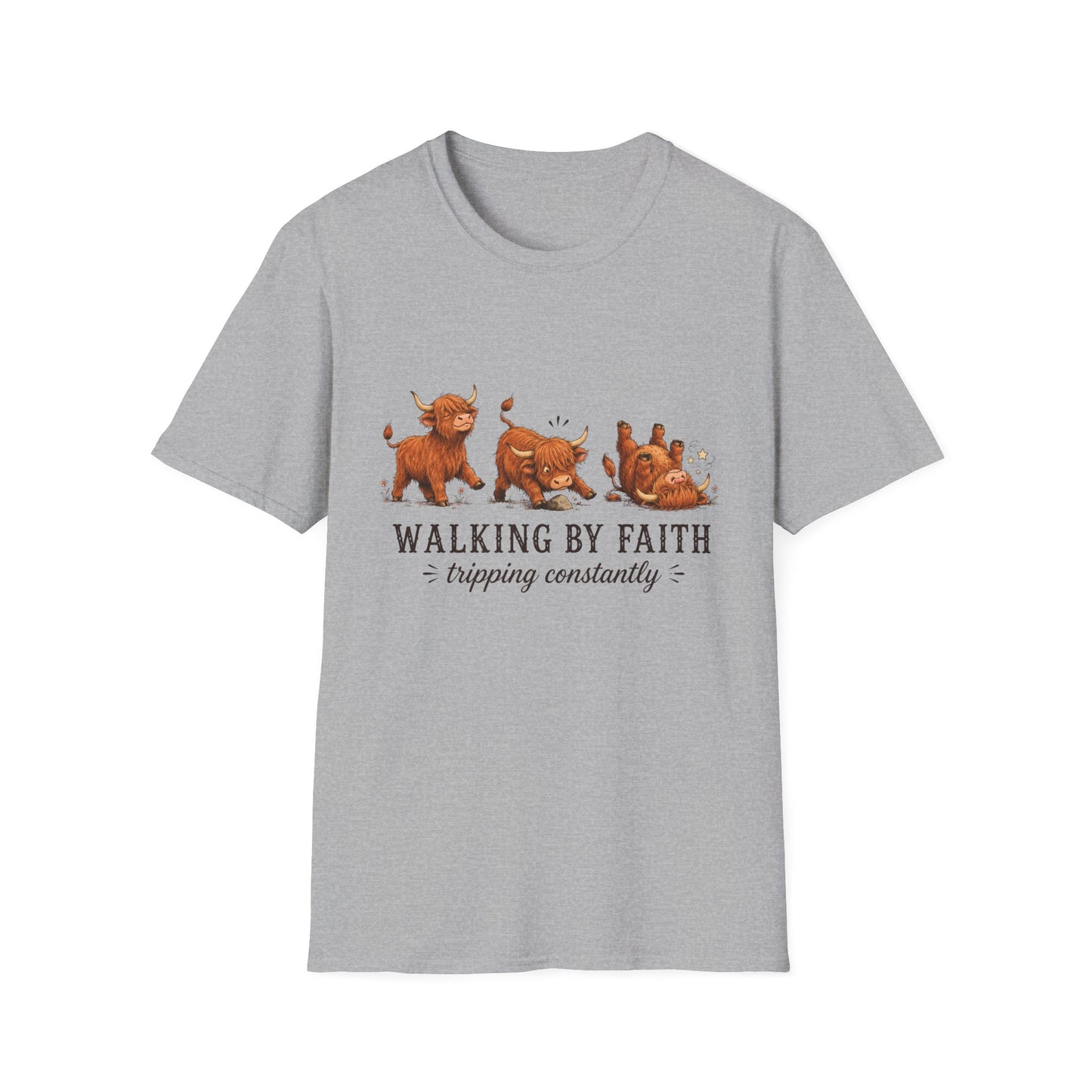 Walking By Faith Tripping Constantly T-Shirt – Cute Highland Cow Design, Faith Humor Tee
