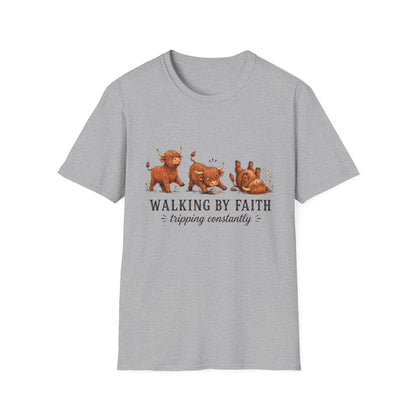 Walking By Faith Tripping Constantly T-Shirt – Cute Highland Cow Design, Faith Humor Tee