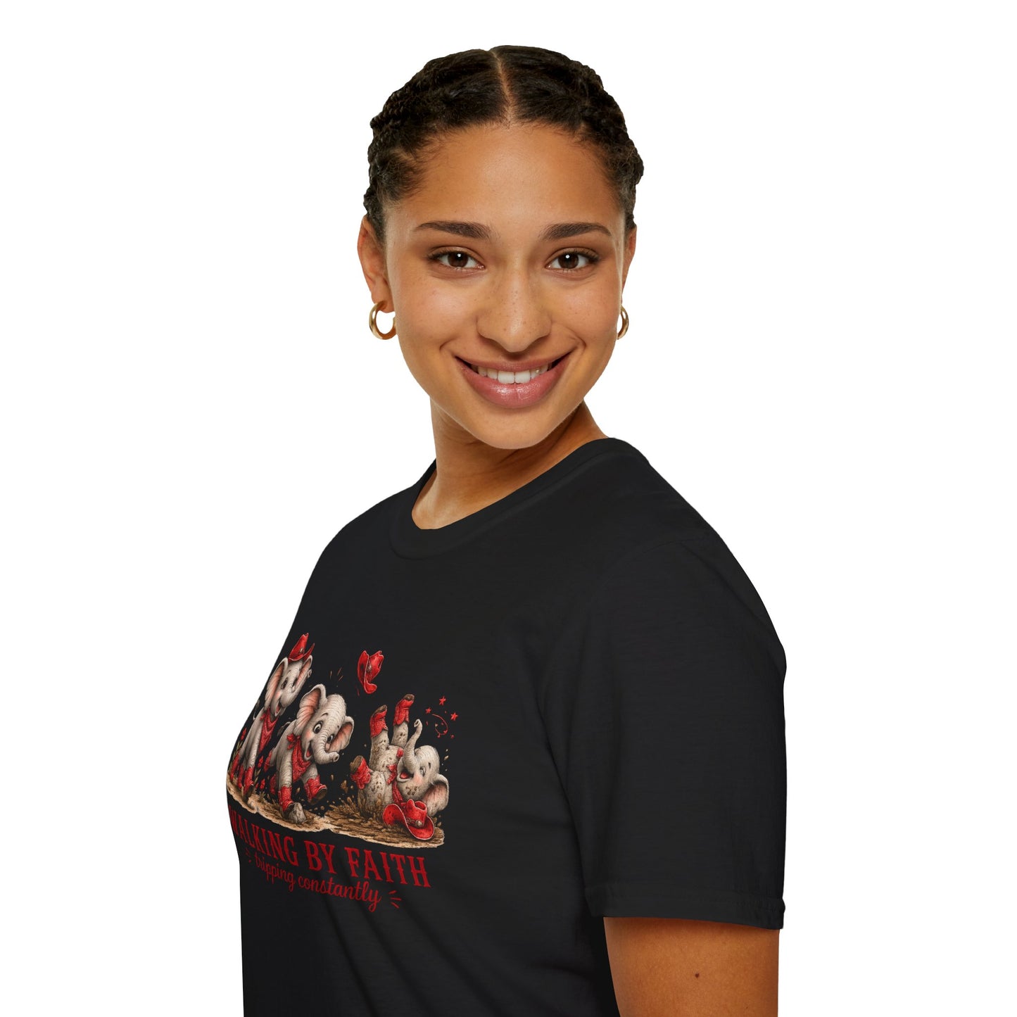 Walking By Faith Tripping Constantly T-Shirt – Cute Red Elephant Design, Faith Humor Tee
