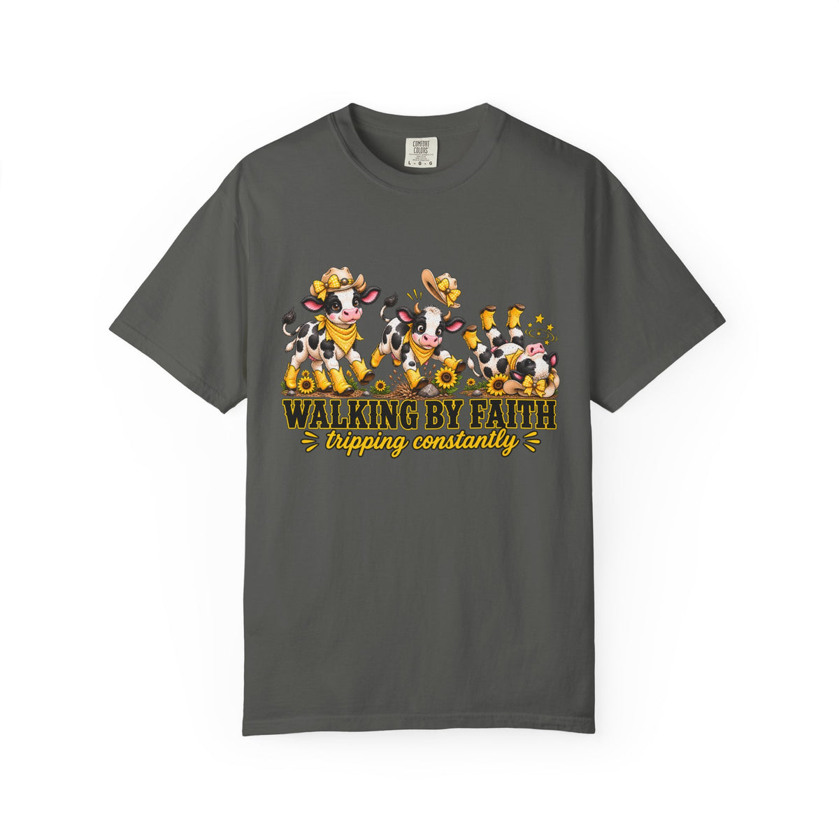 Comfort Colors® Walking By Faith Tripping Constantly Yellow Flowers Cow Shirt