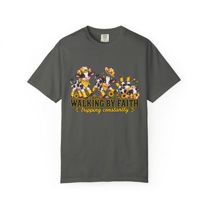 Comfort Colors® Walking By Faith Tripping Constantly Yellow Flowers Cow Shirt