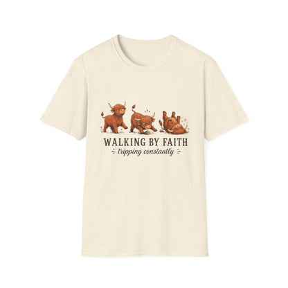 Walking By Faith Tripping Constantly T-Shirt – Cute Highland Cow Design, Faith Humor Tee