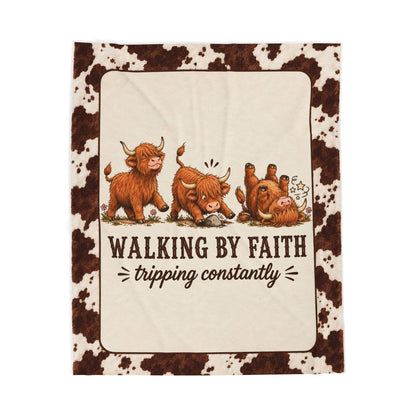 Walking by Faith Tripping Constantly Highland Cow Blanket, Velveteen Western Print, Winter Cozy Get Well Gift