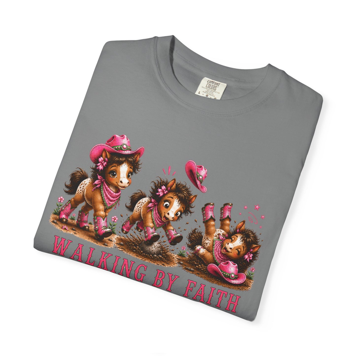 Comfort Colors® Walking By Faith Tripping Constantly Pretty Pink and Green Pony T-Shirt | Cute whimsical horse trendy religious faith Tee