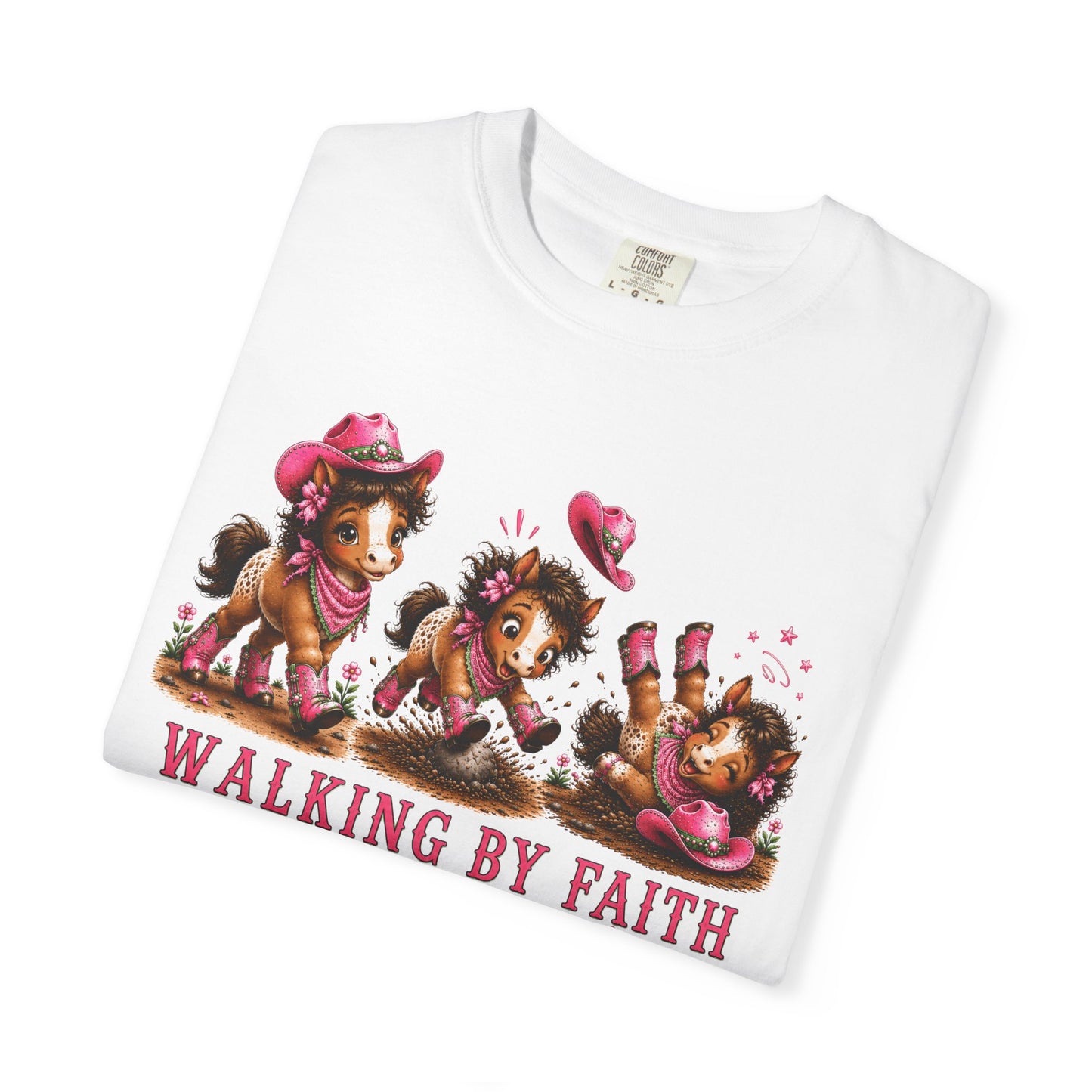 Comfort Colors® Walking By Faith Tripping Constantly Pretty Pink and Green Pony T-Shirt | Cute whimsical horse trendy religious faith Tee