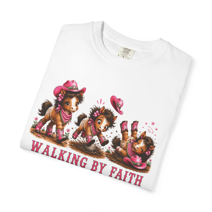 Comfort Colors® Walking By Faith Tripping Constantly Pretty Pink and Green Pony T-Shirt | Cute whimsical horse trendy religious faith Tee
