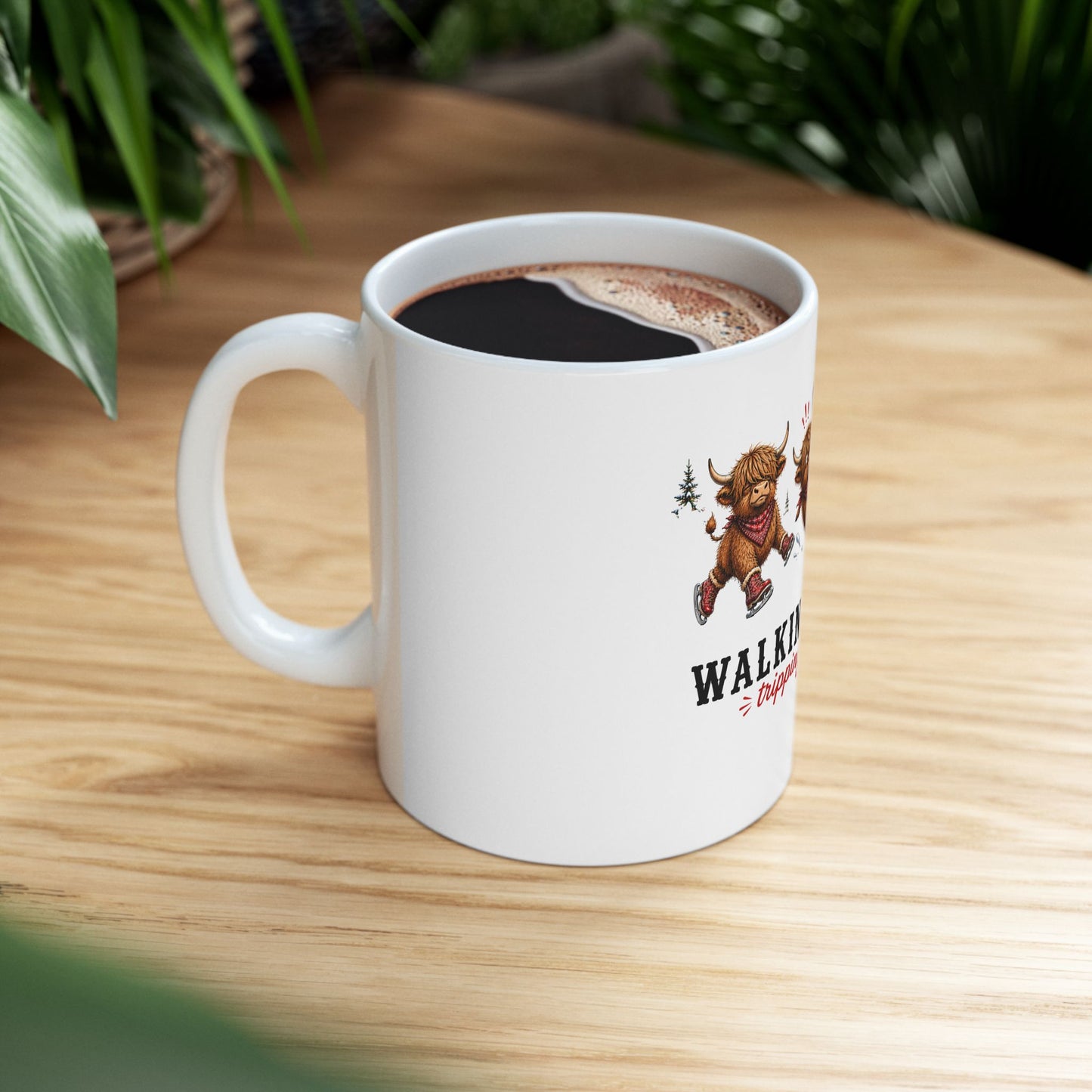Walking By Faith Tripping Constantly Mug, Christmas Gift Highland Cow Lover, Faith Religious Christian Coffee Mug, Winter Holiday Gift