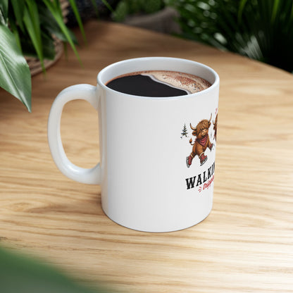 Walking By Faith Tripping Constantly Mug, Christmas Gift Highland Cow Lover, Faith Religious Christian Coffee Mug, Winter Holiday Gift