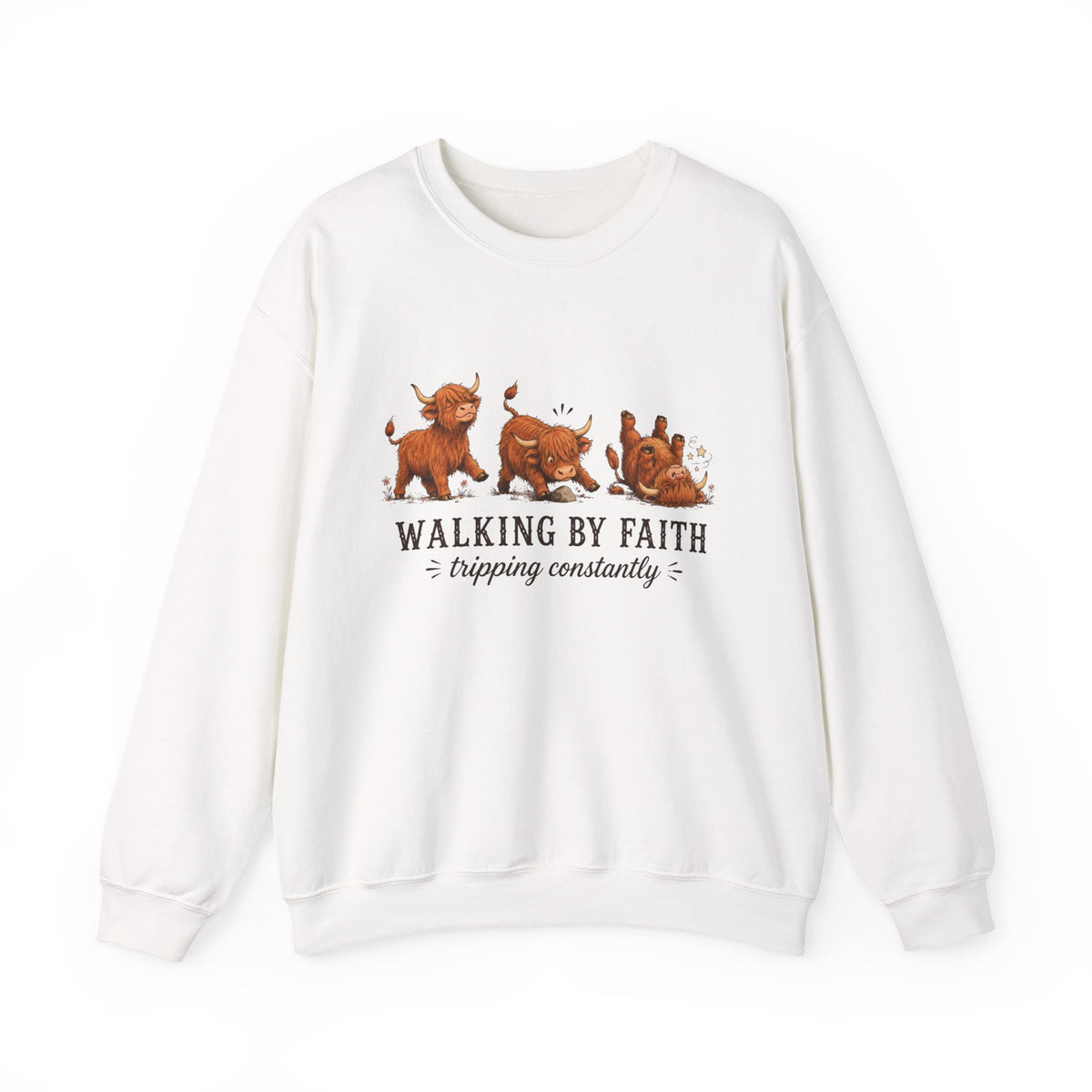Walking By Faith Tripping Constantly Highland Cow Christmas Winter Sweatshirt