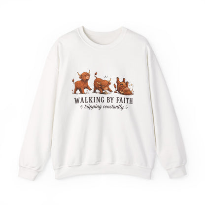 Walking By Faith Tripping Constantly Highland Cow Christmas Winter Sweatshirt