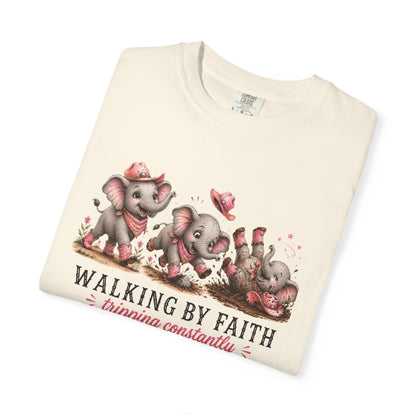 Comfort Colors® Walking By Faith Tripping Constantly Shirt Cute Pink Cowgirl Elephant Design Funny Faith Christian Religious Tee