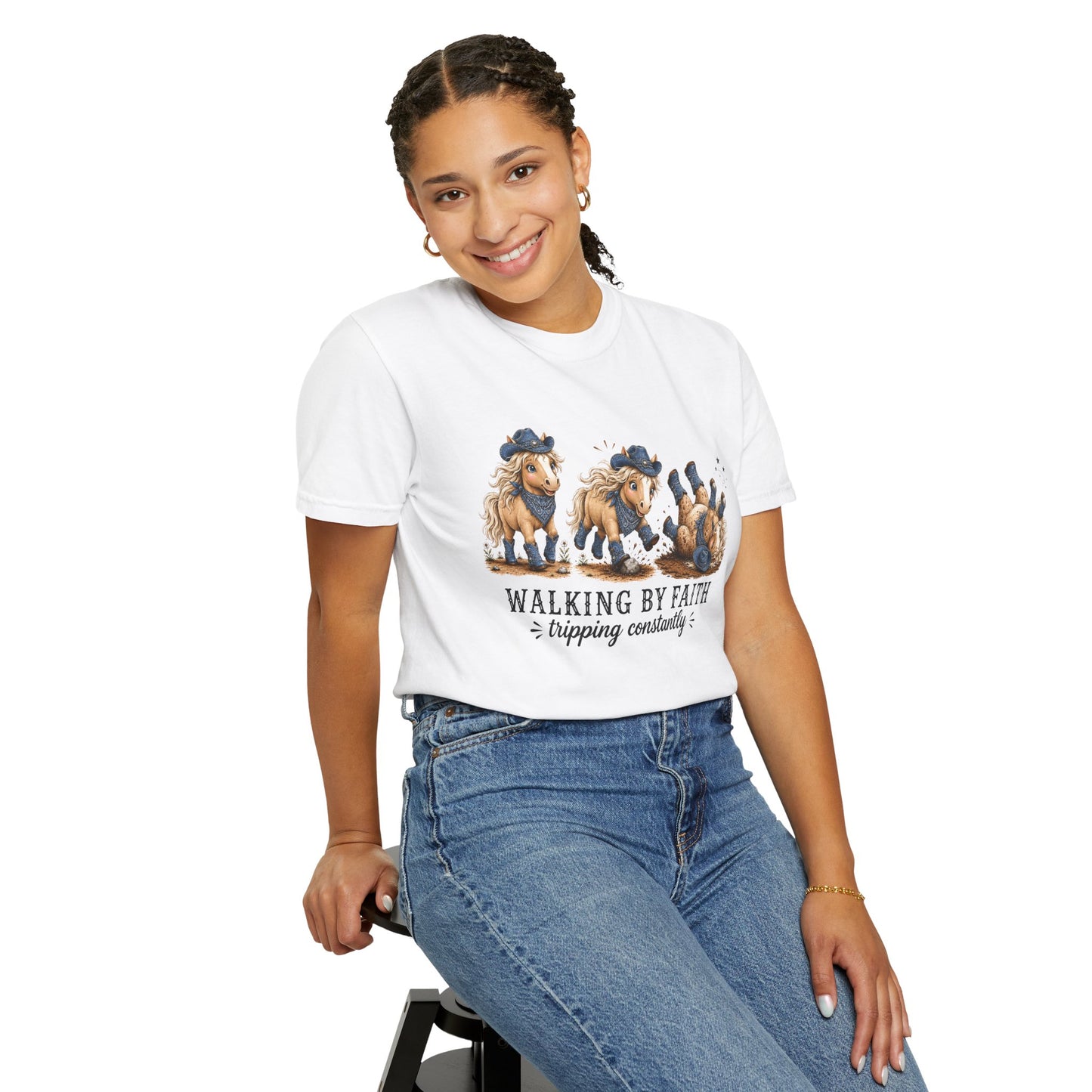 Comfort Colors® Walking By Faith Tripping Constantly Shirt Western Cowgirl Horse lover Tee Trendy Faith Christian Mom Country  Shirt