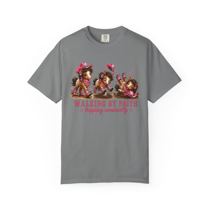 Comfort Colors® Walking By Faith Tripping Constantly Pretty Pink and Green Pony T-Shirt | Cute whimsical horse trendy religious faith Tee
