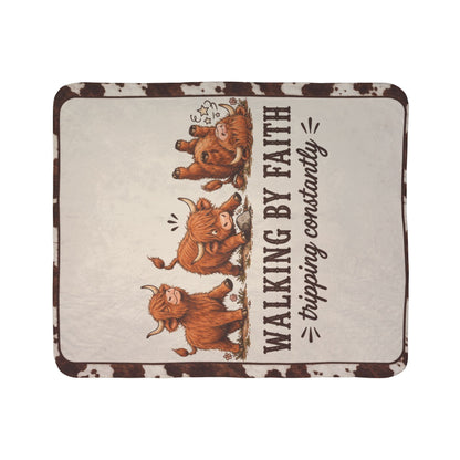 Limited Edition Walking By Faith Tripping Constantly Highland Cow Sherpa Blanket | Plush Fleece Throw, Extra Warm Cozy 50x60, Christmas Gift