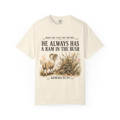 Comfort Colors® He Always Has a Ram in the Bush Tee, Minimal Christian Shirt Women