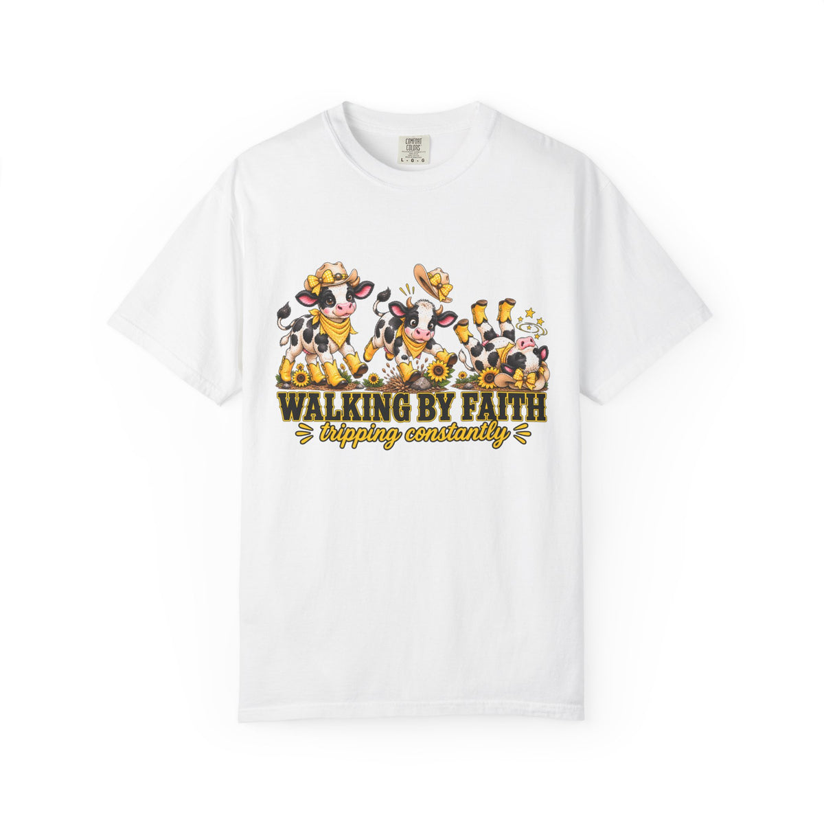 Comfort Colors® Walking By Faith Tripping Constantly Yellow Flowers Cow Shirt