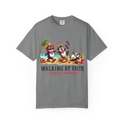 Comfort Colors® Walking By Faith Tripping Constantly Shirt, Beach Penguin Shirt, Summer Vacation Tee, Funny Penguin Tee, Faith Based Shirt