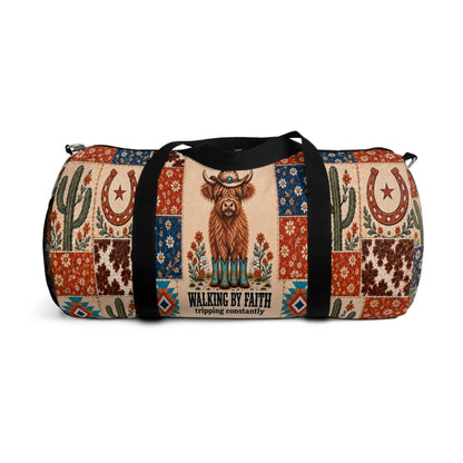 Walking By Faith Tripping Constantly Cow *Limited Edition* Duffel Bag, Western Highland Cow Patchwork Canvas Travel Bag, Rodeo Cowboy Gift