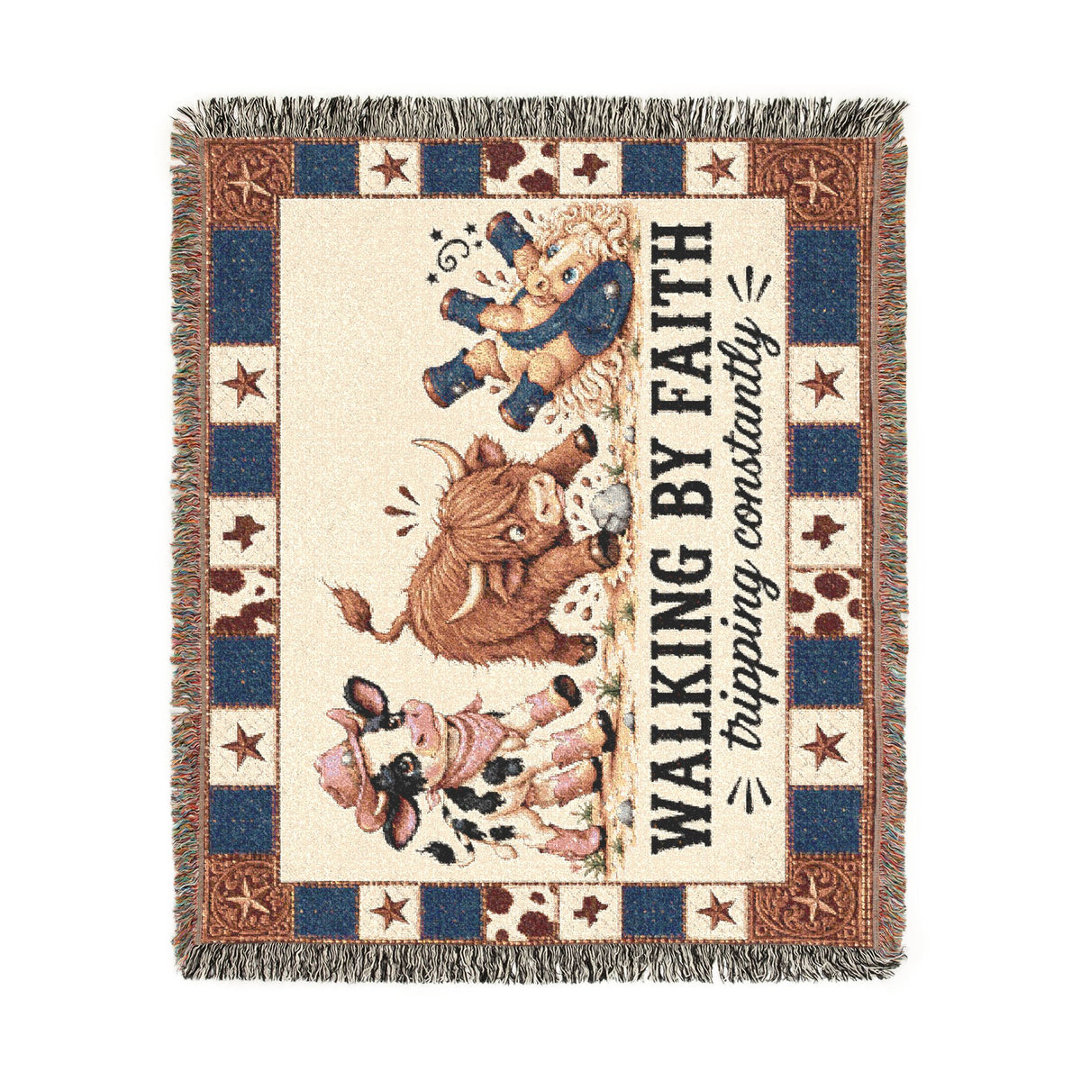Walking By Faith Tripping Constantly Cow Woven Blanket, Western Cowgirl Cowboy Tapestry, Texas Pony  Highland Cow Throw, Inspirational Gift