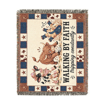 Walking By Faith Tripping Constantly Cow Woven Blanket, Western Cowgirl Cowboy Tapestry, Texas Pony  Highland Cow Throw, Inspirational Gift