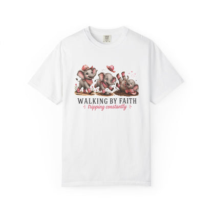 Comfort Colors® Walking By Faith Tripping Constantly Shirt Cute Pink Cowgirl Elephant Design Funny Faith Christian Religious Tee