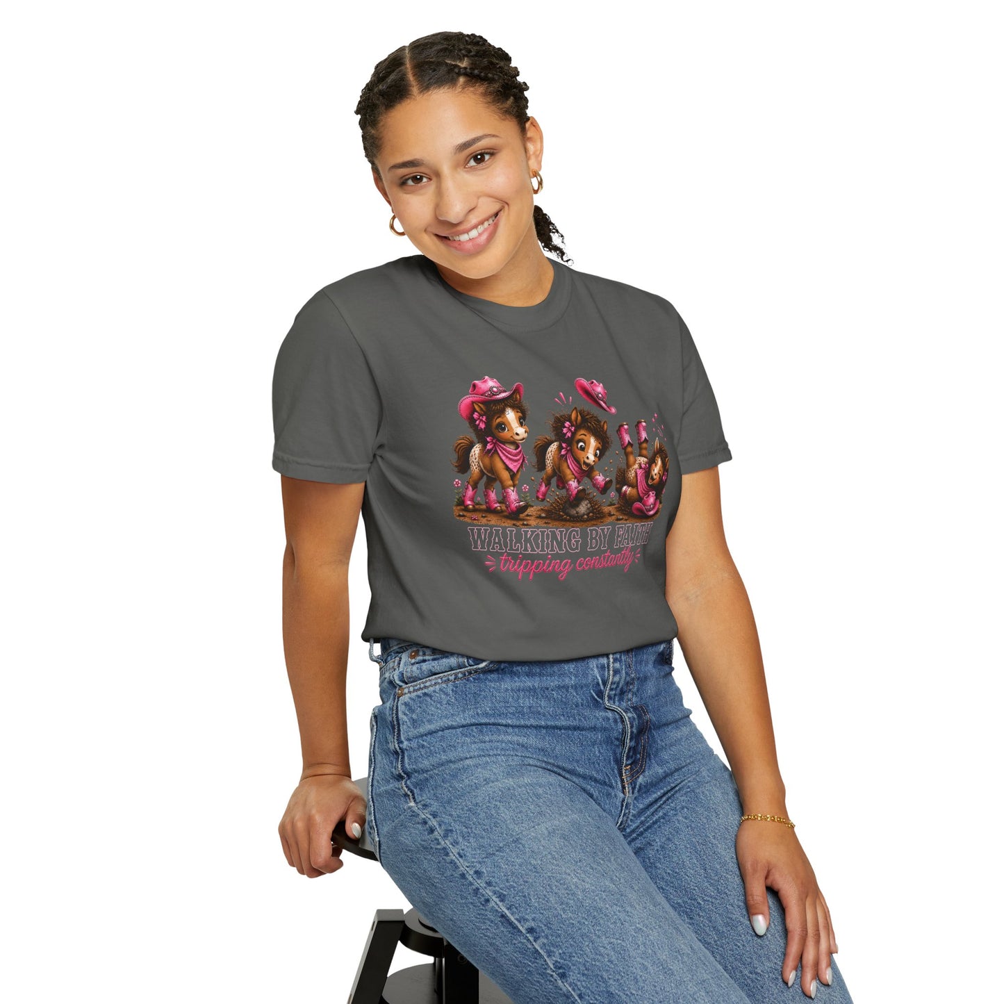 Comfort Colors® Walking By Faith Tripping Constantly Tee, Cowgirl Western Pink Shirt, Cute Whimsical Horse Shirt, Cowboy Boots Western Tee