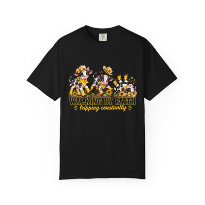 Comfort Colors® Walking By Faith Tripping Constantly Yellow Flowers Cow Shirt