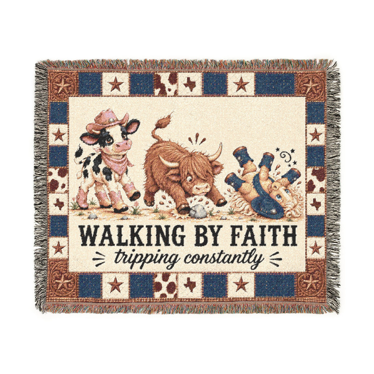Walking By Faith Tripping Constantly Cow Woven Blanket, Western Cowgirl Cowboy Tapestry, Texas Pony  Highland Cow Throw, Inspirational Gift