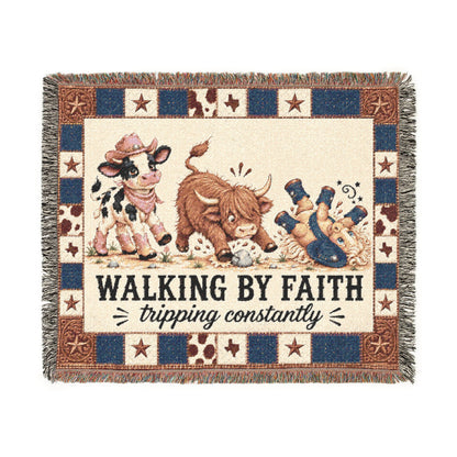 Walking By Faith Tripping Constantly Cow Woven Blanket, Western Cowgirl Cowboy Tapestry, Texas Pony  Highland Cow Throw, Inspirational Gift