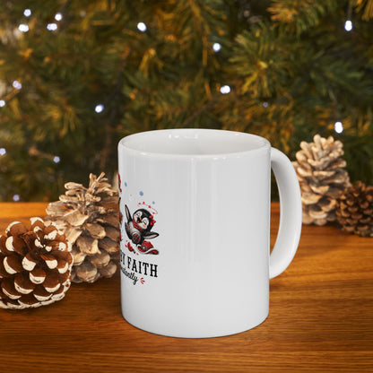 Walking By Faith Tripping Constantly Mug, Penguin Ice Skate Holiday Mug, Winter Gift Mug, Christmas Coffee Mug, Cute Penguin Gift