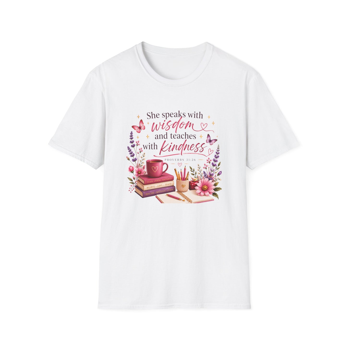 Christian Ladies' T-Shirt — "She speaks with wisdom and teaches with kindness" Floral Bible Verse Tee