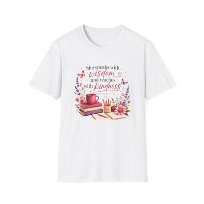 Christian Ladies' T-Shirt — "She speaks with wisdom and teaches with kindness" Floral Bible Verse Tee