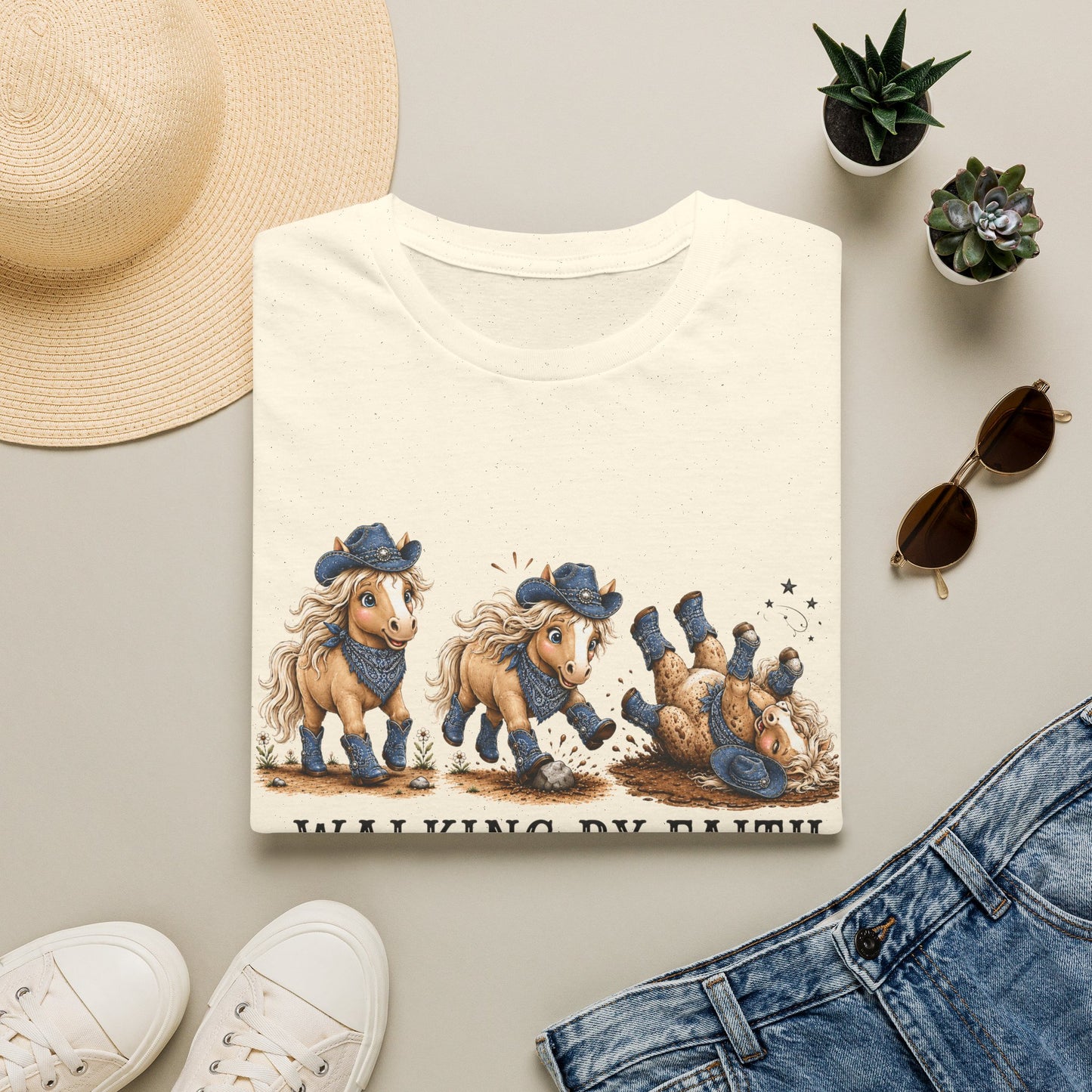 Walking by Faith (Tripping Constantly) Horse Denim Cowgirl  Graphic Tee