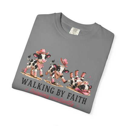 Comfort Colors® Walking by Faith Tripping Constantly Cow Tee, Christian Shirt Women, Funny Faith Humor Gospel Graphic Quote Religious Tee