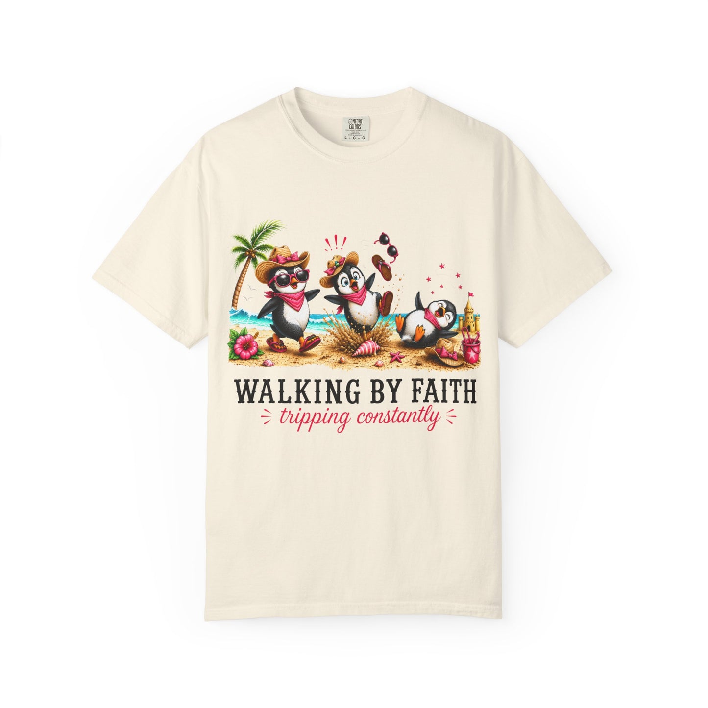 Comfort Colors® Walking By Faith Tripping Constantly Shirt, Beach Penguin Shirt, Summer Vacation Tee, Funny Penguin Tee, Faith Based Shirt