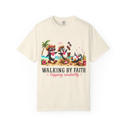 Comfort Colors® Walking By Faith Tripping Constantly Shirt, Beach Penguin Shirt, Summer Vacation Tee, Funny Penguin Tee, Faith Based Shirt