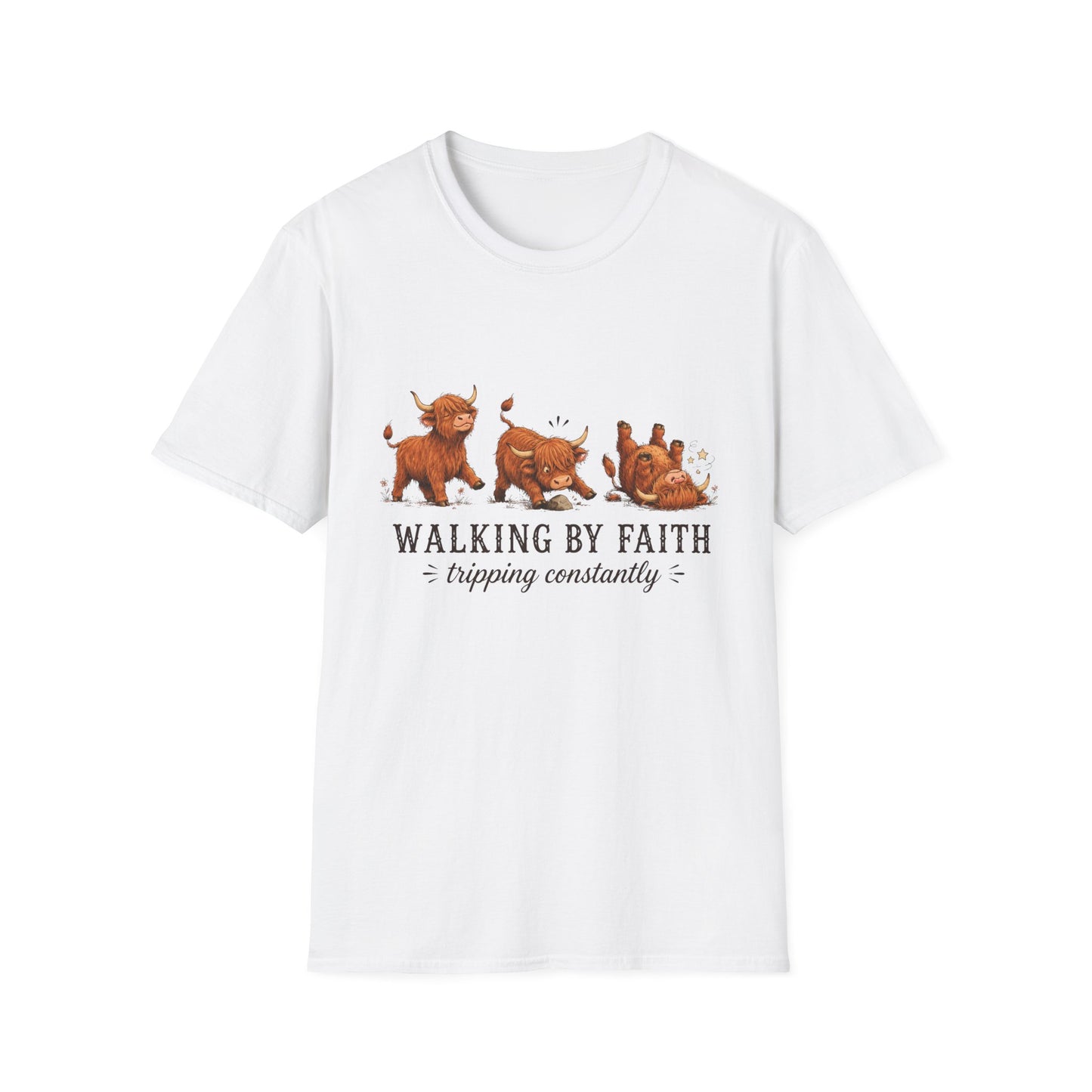 Walking By Faith Tripping Constantly T-Shirt – Cute Highland Cow Design, Faith Humor Tee