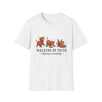 Walking By Faith Tripping Constantly T-Shirt – Cute Highland Cow Design, Faith Humor Tee