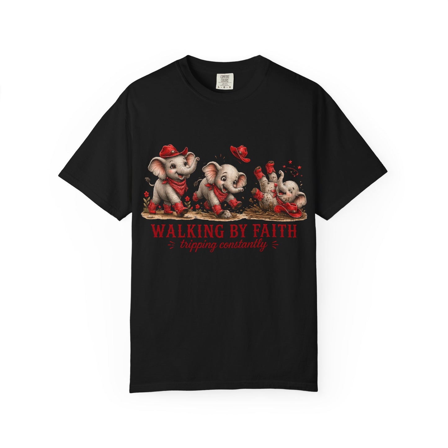 Comfort Colors® Walking By Faith tripping constantly T-Shirt | Cute Red Elephant Shirt