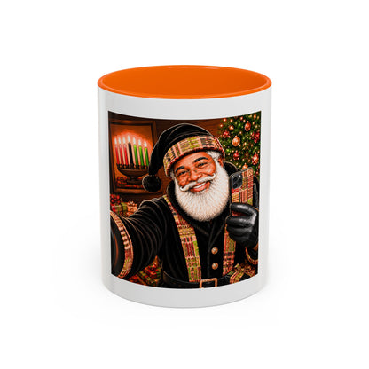 Kwanzaa Santa Mug Black Santa Claus Selfie Kinara Coffee Cup African American Christmas Kwanzaa Gift Orange Accent Mug