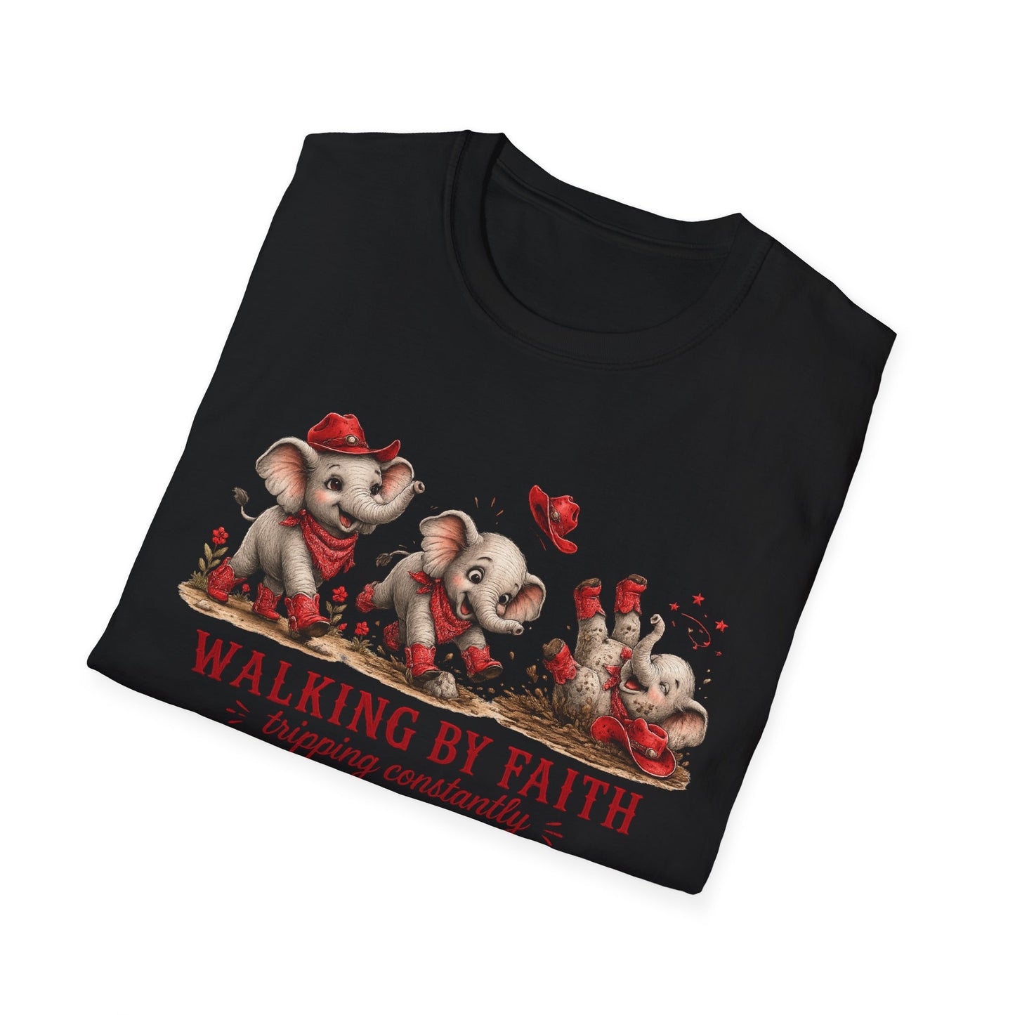 Walking By Faith Tripping Constantly T-Shirt – Cute Red Elephant Design, Faith Humor Tee