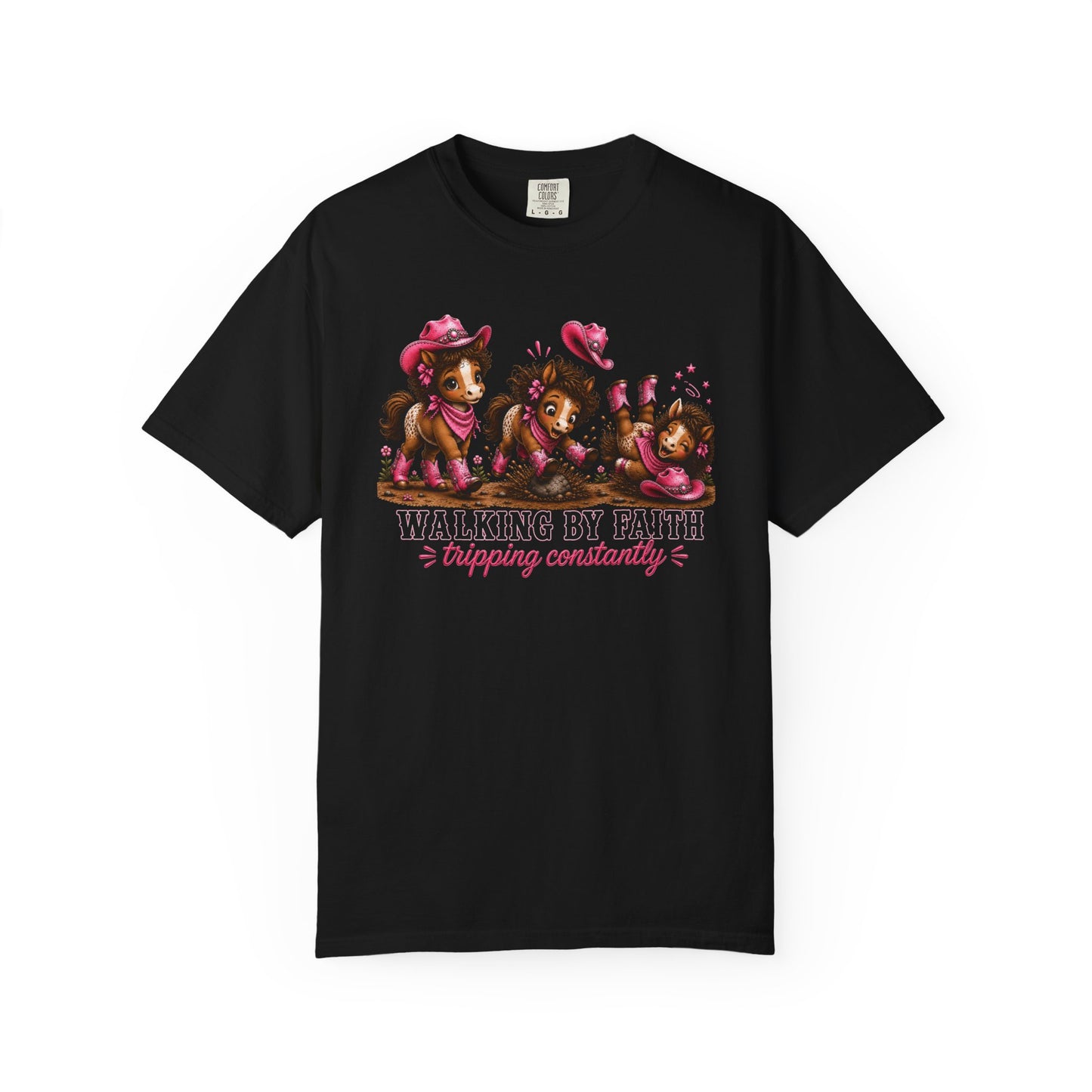 Comfort Colors® Walking By Faith Tripping Constantly Tee, Cowgirl Western Pink Shirt, Cute Whimsical Horse Shirt, Cowboy Boots Western Tee
